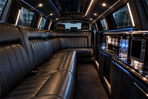 Stretch limousine passenger cabin with leather seating, fiber-optic lighting and bar area